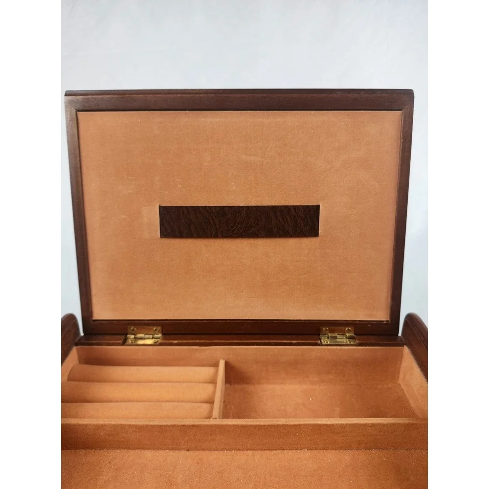Vintage Men's Rosalco Wooden Valet Jewelry Box Classic Car Carving Mirror Case